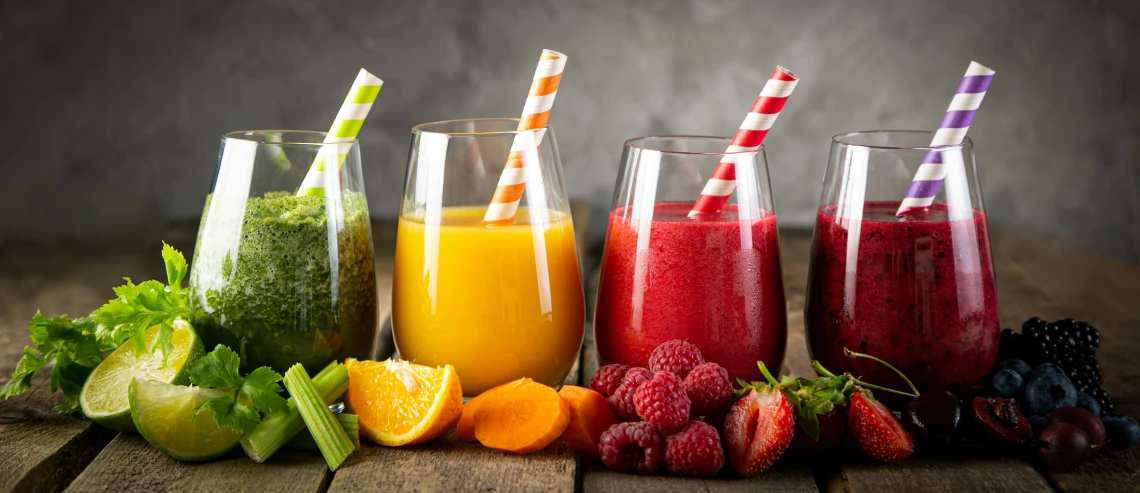 Colorful smoothies in glasses surrounded by fruits and vegetables