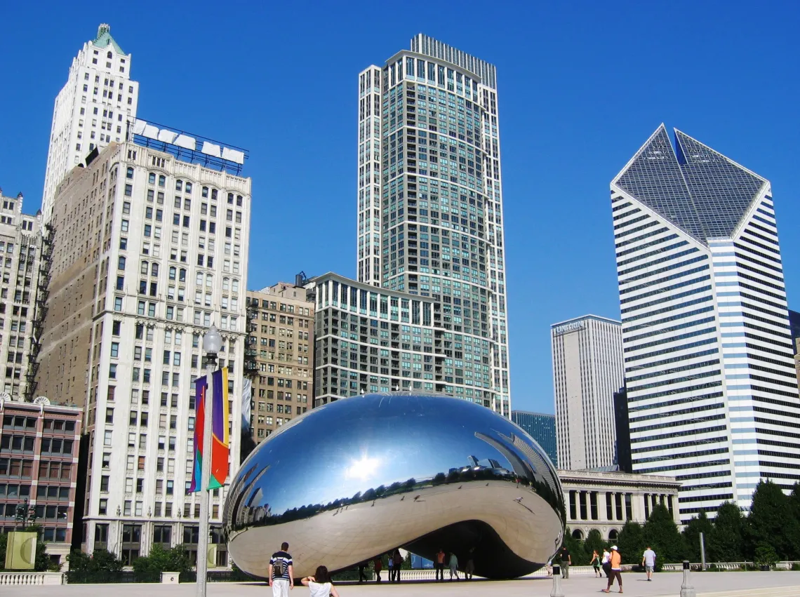 Chicago cityscape with skyscrapers and cloud gate