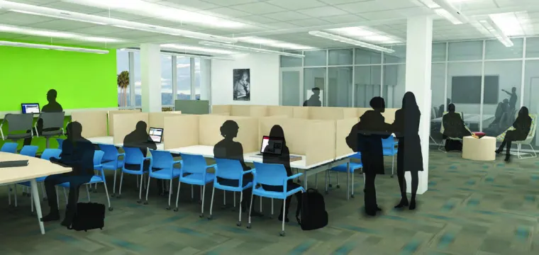 Rendering of new second-floor tutoring space and floor plans, courtesy of Gould Evans Architecture