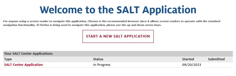 Screenshot of the Welcome to the SALT Application page