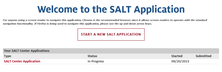 Screenshot of the Welcome to the SALT Application page