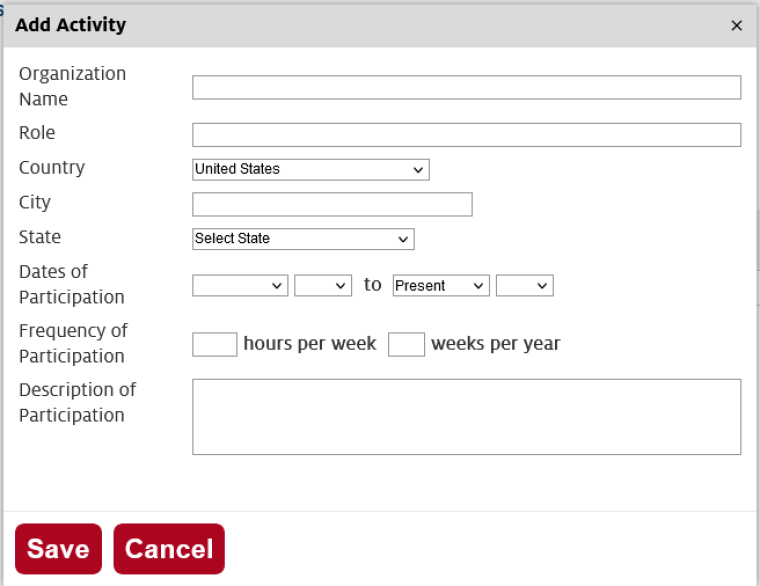 Screenshot of Add Activity form