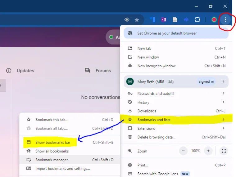 Show Bookmarks Bar under Chrome Settings