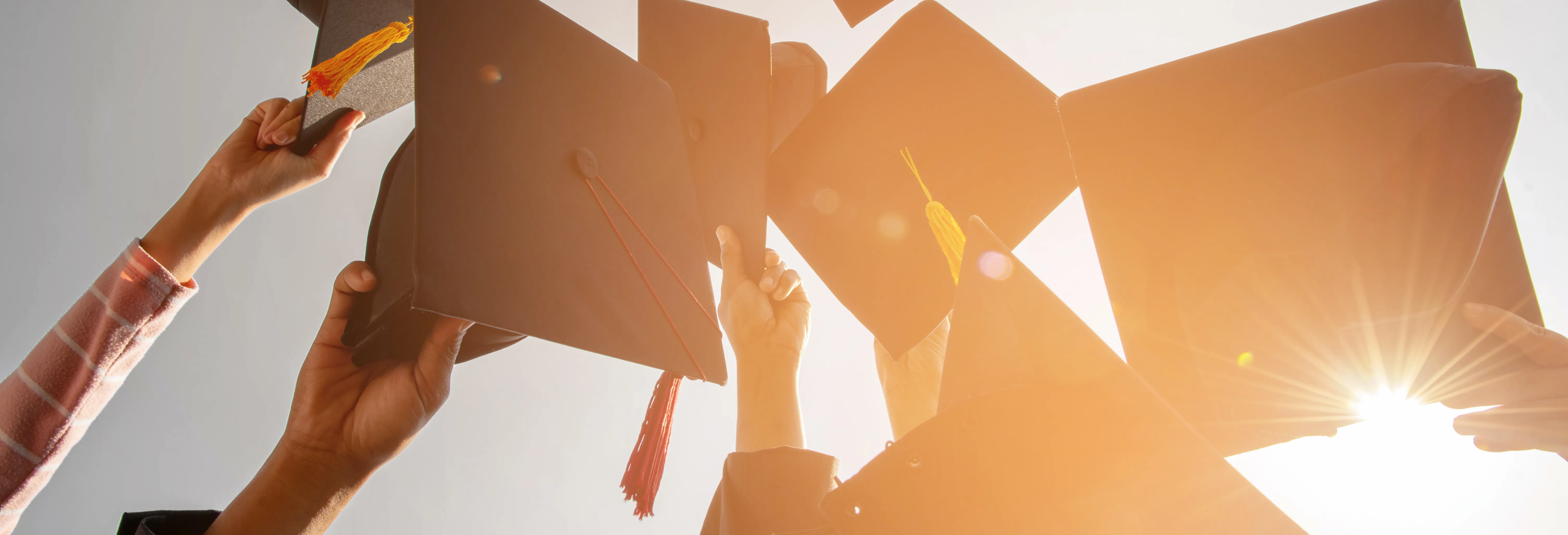 A group of people holding up their mortarboard hats