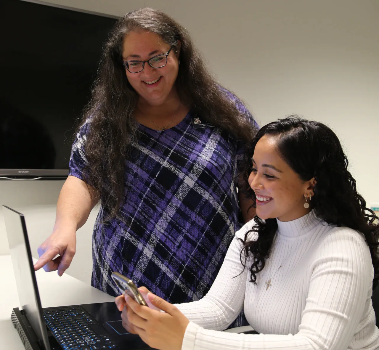 Specialist showing tips on laptop