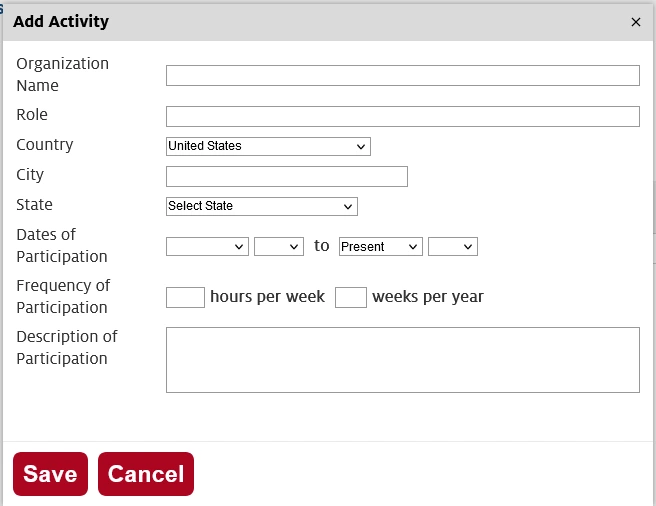 Screenshot of Add Activity form