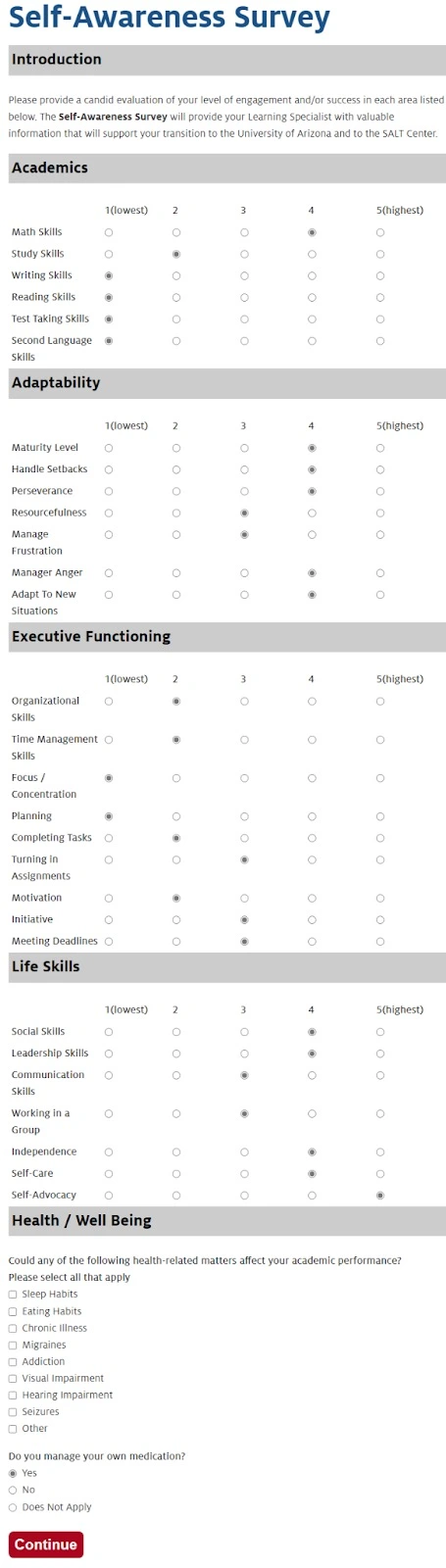 "Self-Awareness Survey" Section on application