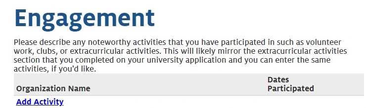 "Engagement" Section on Application