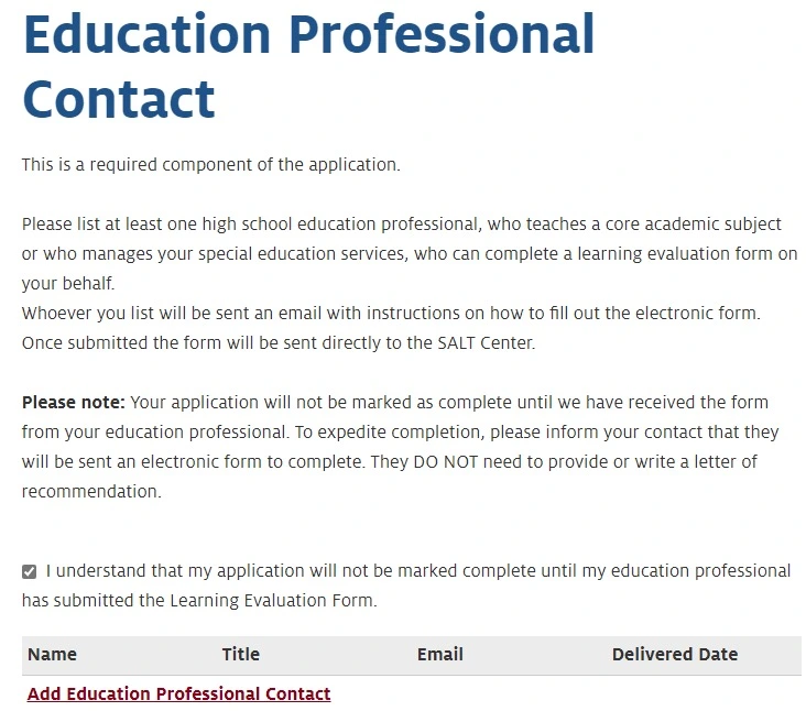 "Educational Profesional" Section on Application