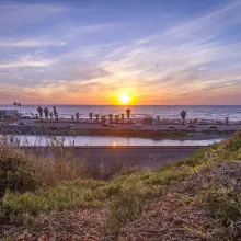 California beach and palm trees at sunset