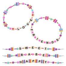 Beaded Bracelets showing the words Love, Friends, Seet, Babe, and Happy.
