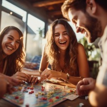 Young adults playing a board game and laughing